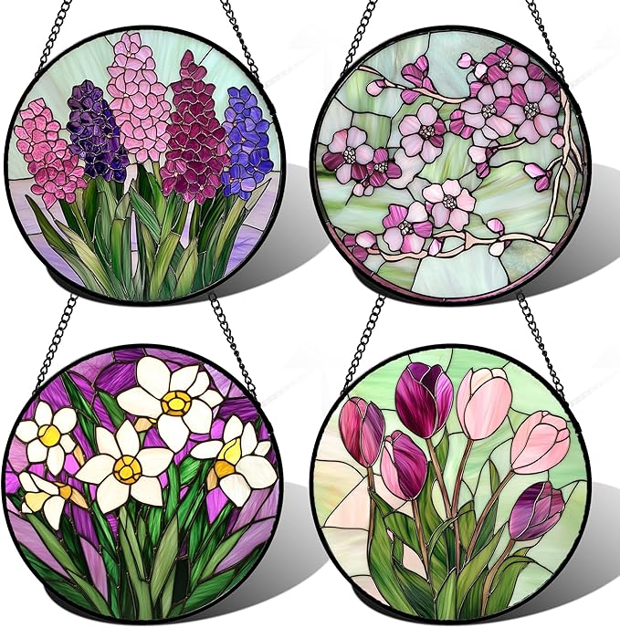 AMDERVEN Stained Glass Window Hanging 4 Pcs Set Tulips Plum Flower Daffodils Hyacinths Large 15" - Suncatcher Door Garden Sun Catcher Decor Birthday Mother's Day for Mom Woman Nana