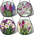 AMDERVEN Stained Glass Window Hanging 4 Pcs Set Tulips Plum Flower Daffodils Hyacinths 9.8" - Suncatcher Door Garden Sun Catcher Decor Birthday Mother's Day for Mom Woman Nana