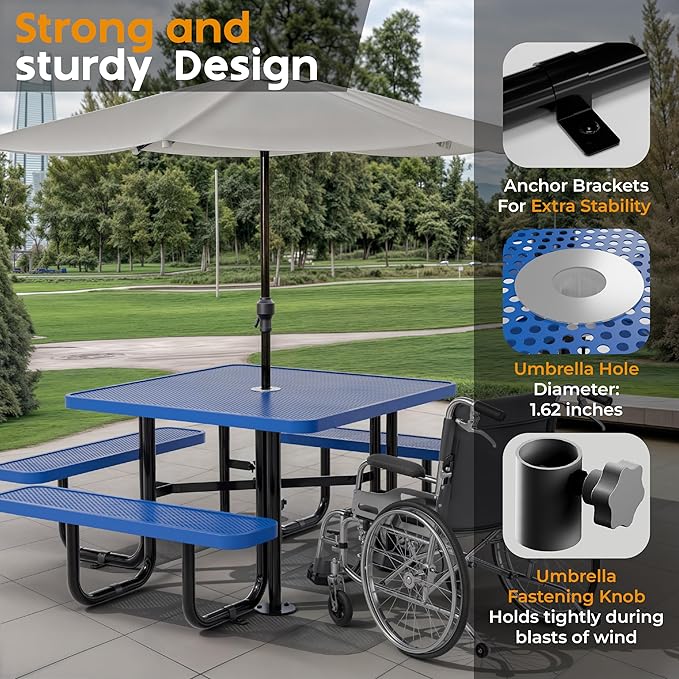 Metal Picnic Tables for Outdoors with Umbrella Hole - Coated Steel Heavy Duty Commercial Grade Furniture with Adjustable Seats (Blue, 46 in, Square, Punched Steel)