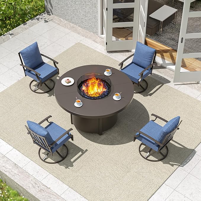 5 Pieces Patio Furniture Set with Round Fire Pit Table, Outdoor Conversation Sets 4 Swivel Chairs with Upgrade Cushions for Patio, Backyard Dark Blue