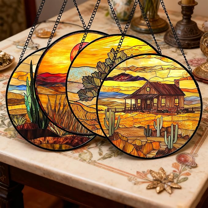 DASTOLL Stained Glass Window Hanging 4 Pcs Set Desert Sunset Theme Landscape 6.3" - Suncatcher Door Garden Sun Catcher Decor Birthday Christmas for Mom Woman Nana Men