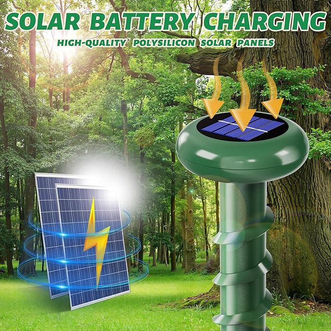 Solar Powered Ultrasonic Mole Repellent,Outdoor Animal Repellent Effective Get Rid of Snake Skunk Vole Groundhog Chipmunk Squirrel,Yard Garden Spiral IP 65 Waterproof Sonic Spikes（6 Pack）