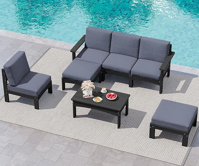 SERWALL HDPE Patio Furniture Set,7 Pieces Patio Conversation Set, All-Weather Modular Patio Sofa Set with Removable Cushions and Coffee Table for Deck, Garden, Porch, Black Frame with Grey Cushion