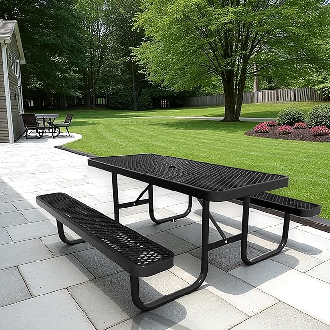 HIMcup 6 FT Metal Picnic Tables for Outside, Outdoor Coated Steel Heavy Duty Commercial Picnic Table with Benches, Patio Table Rectangular Furniture Set for Garden, Lawn, Shops, Parks