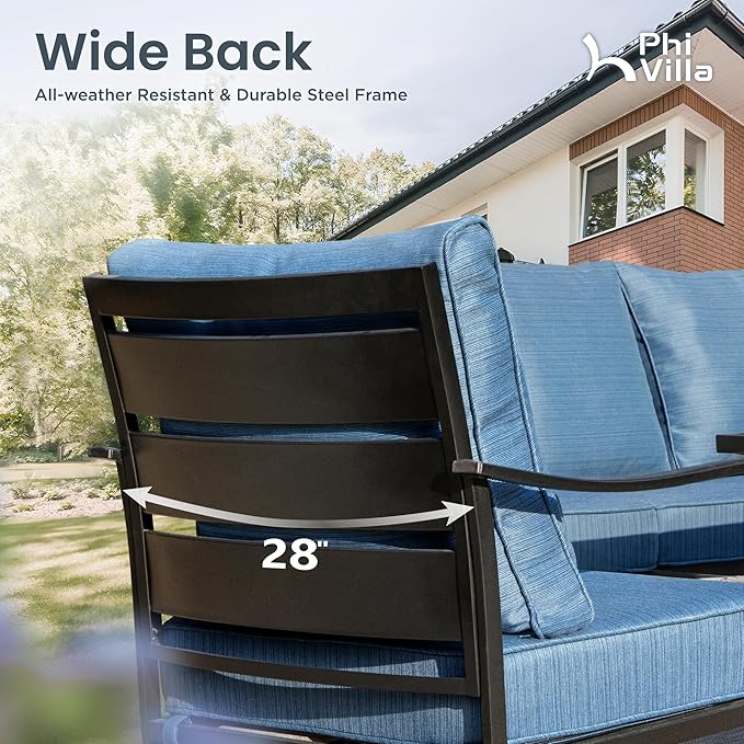 PHI VILLA 4 PCS Patio Furniture Sets for 5 Person with 1 x 3-Seat Deep Seating Bench, 2 x Cushioned Swivel Sofa Chairs & 1 x Coffee Table, Outdoor Metal Conversation Set for Lawn Garden, Peacock Blue