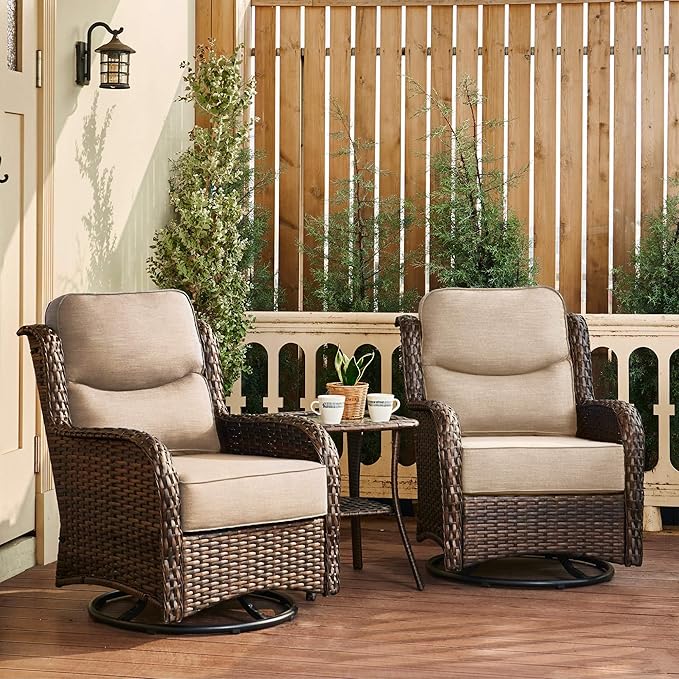 HILLGA Luxury Outdoor Swivel Rocker Patio Chairs of 2 with 6 Inch Thick Cushions and Side Table, Swivel Outdoor Chairs 3PCS High Back Wicker Patio Furniture Set for Porch, Balcony, Deck in Beige