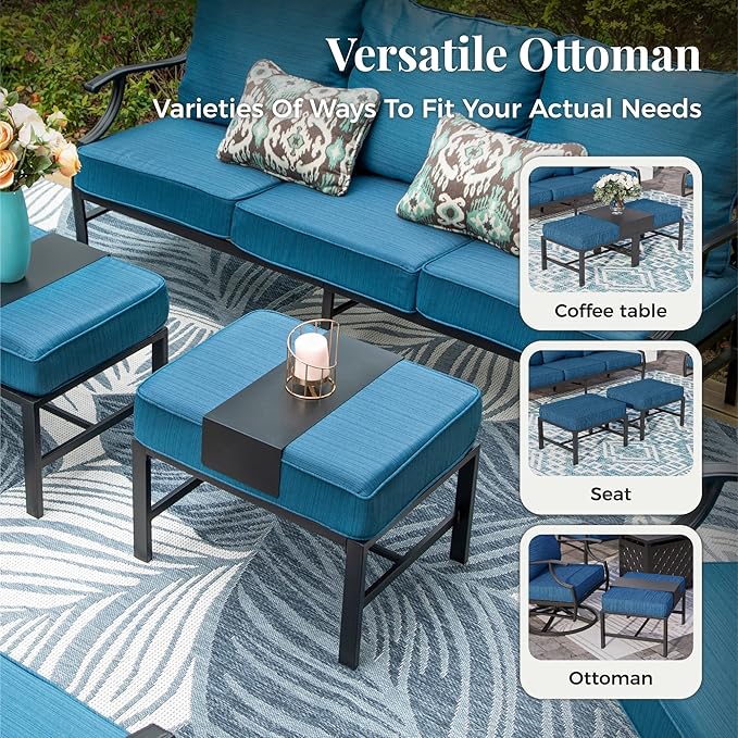 Patio Furniture Set, 6 Pcs Metal Outdoor Conversation Set, 2 Rocker Chairs, 2 Ottomans and 3 Seater Sofa with 5.75" Extra Thick Cushion and Gas Fire Pit Table, Gemstone Blue