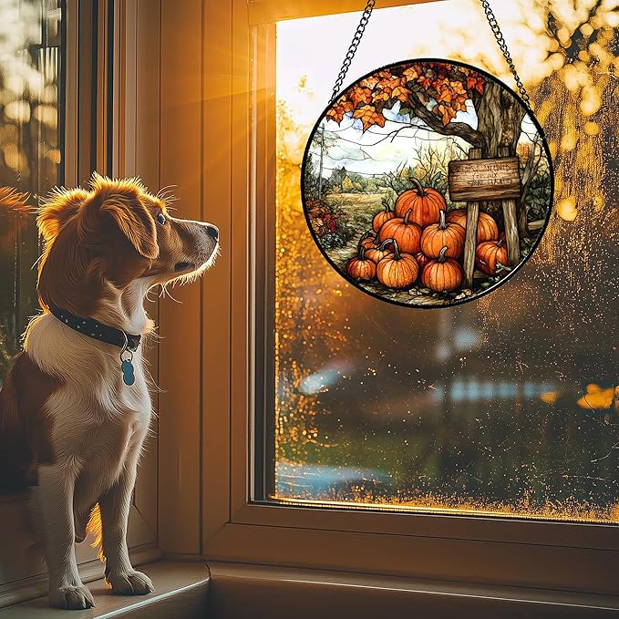 DASTOLL Stained Glass Window Hanging Fall Farm Scenery Maple Trees Pumpkin Large 15" - Suncatcher Door Garden Kitchen Sun Catcher Autumn Decor Birthday for Mom Nana Men Woman Friend