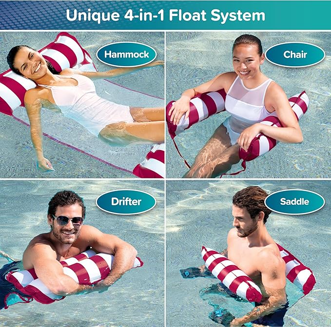 Aqua 4-in-1 Monterey Hammock Pool Float & Water Hammocks, 1-2-3-4 Multipacks – Multiple Colors/Styles – for Adults and Kids Floating