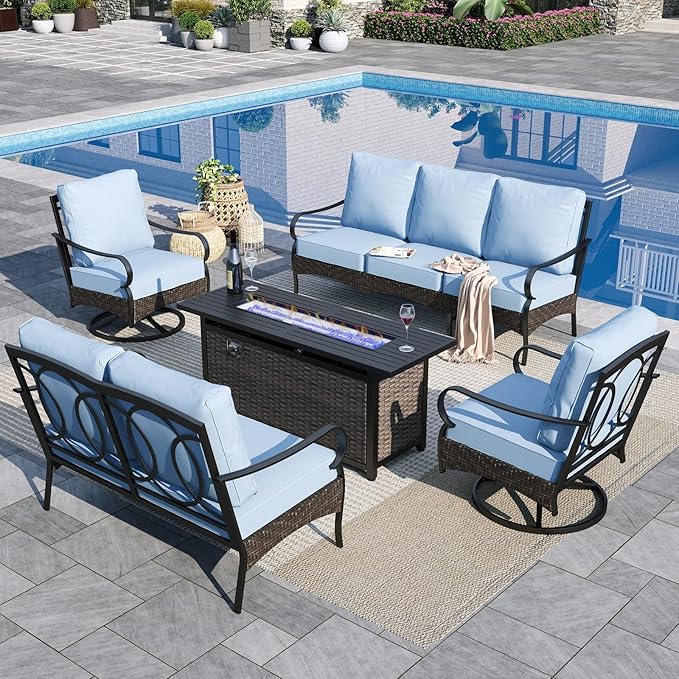 Sophia & William Patio Furniture Set with Fire Pit Table, 4PCS Metal Outdoor Conversation Set with Fire Pit Table, 2 Swivel Chairs,1 Loveseat,3-Seater Couch for Outdoor Seating,Backyard,Porch(Blue)