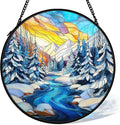 cvjutf Winter Wonderland Christmas Suncatcher Stained Glass Window Hanging Decorstions, Landscape Stained Glass Wall Decor, Winter Solstice Gifts, Forest Garden Sun Catchers Window Art, 7.9x7.9 Inch