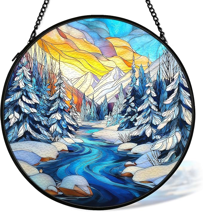cvjutf Winter Wonderland Christmas Suncatcher Stained Glass Window Hanging Decorstions, Landscape Stained Glass Wall Decor, Winter Solstice Gifts, Forest Garden Sun Catchers Window Art, 7.9x7.9 Inch