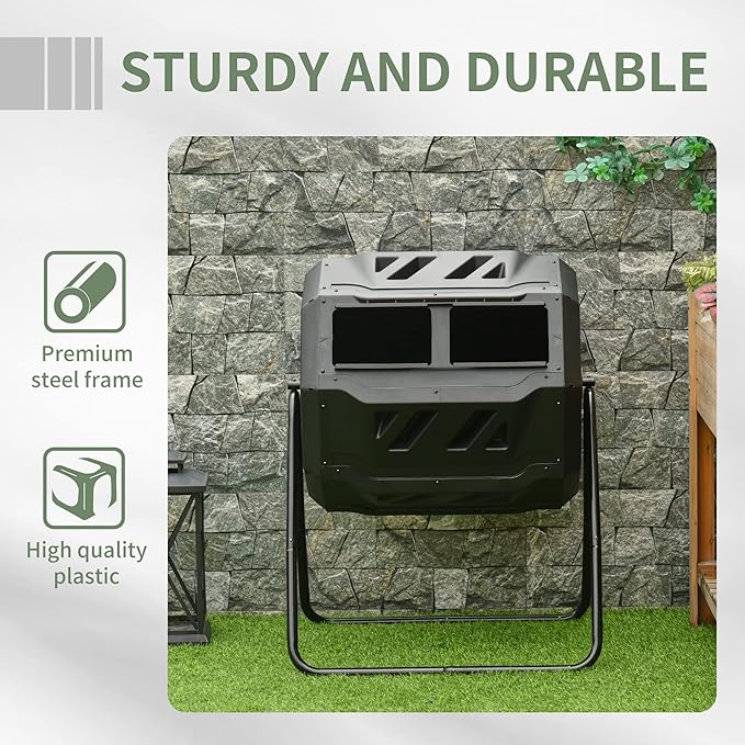 Outsunny Tumbling Compost Bin Outdoor 360° Dual Chamber Rotating Composter 43 Gallon, Black