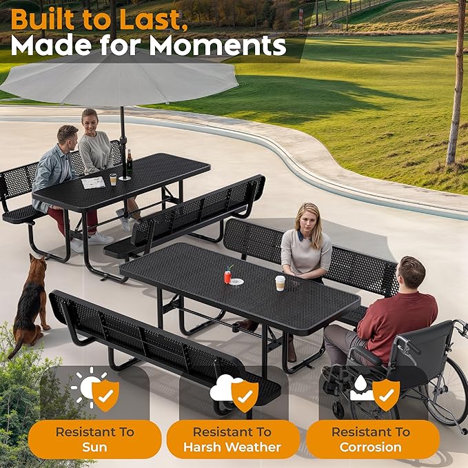 Commercial Heavy-Duty Metal Picnic Table with Backrest - ADA Compliant, Adjustable Seats, Umbrella Hole, Expanded Metal (Black, 6' Rectangular with Back)