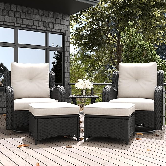 LayinSun 5 Pieces Outdoor Patio Furniture Set, Rattan Wicker Swivel Rocker Chairs Sets with Ottomans, Swivel Glider Chairs, and Coffee Table