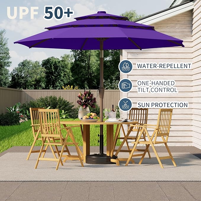 9FT 3 Tiers Patio Umbrella With Auto Tilt And Crank, Outdoor Table Market Umbrella with 8 Sturdy Ribs for Garden, Lawn, Deck, Backyard and Pool