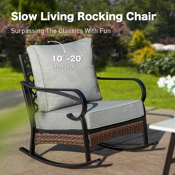 SUNSHINE VALLEY 5 Piece Metal Outdoor Patio Furniture Sets with Firepit Table, Patio Conversation Sets 1 3-Seater Sofa, 2-Seater Loveseat, 2 Rocking Chair with 5.75" Cushion for Backyard Deck, Gray