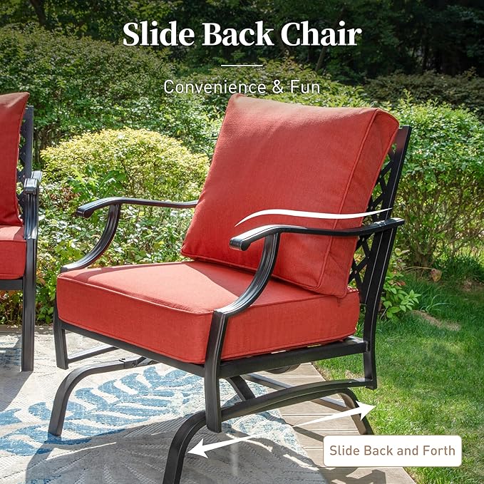 SUNSHINE VALLEY 5 Piece Metal Outdoor Patio Furniture Set with Fire Pit Table, Patio Conversation Sets 4 Rocking Chairs with 5.75" Thick Cushion and 5000 BTU Fire Pit Table, Backyard Furniture, Red