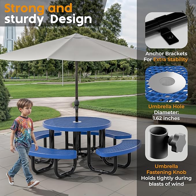 OUTTANS Round Metal Picnic Tables for Kids for Outdoors with Umbrella Hole, Adjustable Seats for School, Park, Playground(Blue, 38 in, Kids, Expanded Steel)
