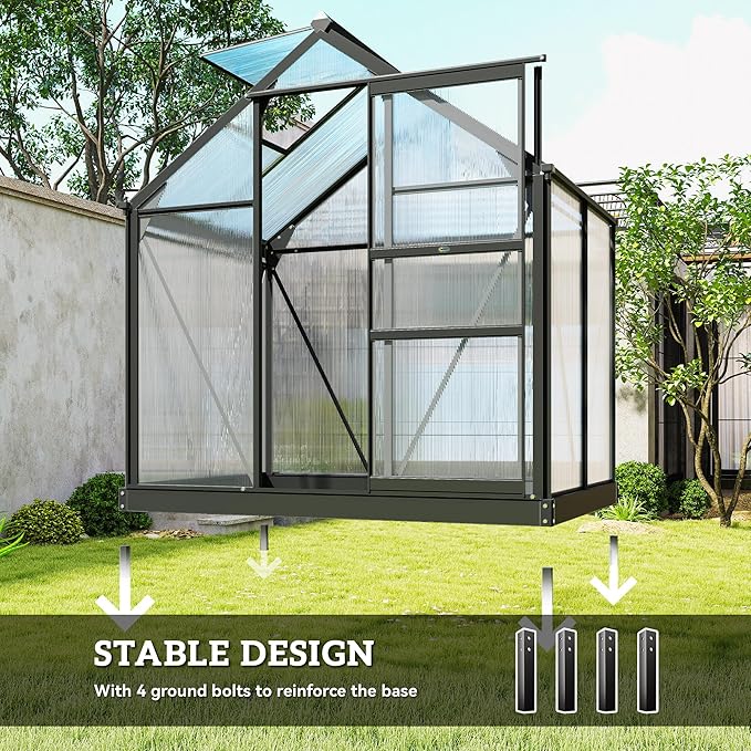 Outsunny 6' x 4' Greenhouse for Outdoors, Polycarbonate Greenhouse with Rain Gutter and Roof Vent, Aluminum Walk-in Green Houses for Outside for Patio Backyard Garden, Gray