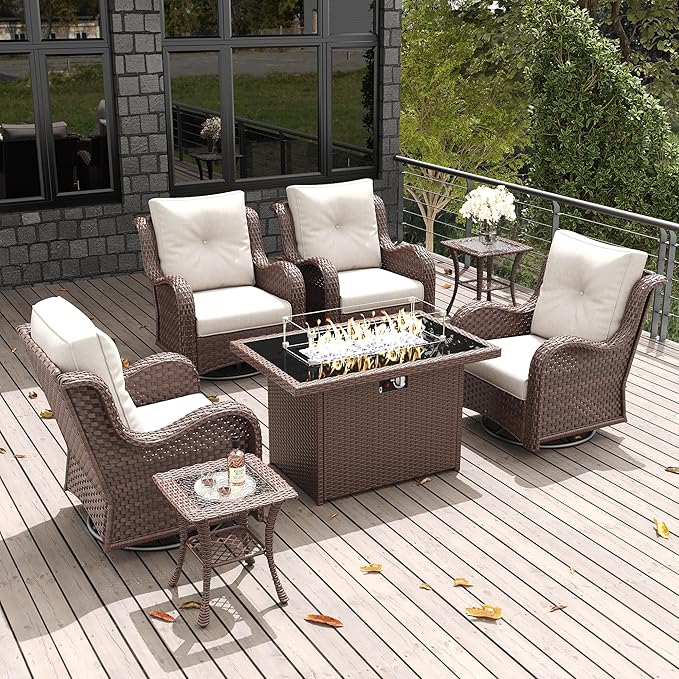 LayinSun 7 Pieces Outdoor Patio Furniture Set with Fire Pit Table, Rattan Wicker Swivel Rocker Chairs Sets with Swivel Glider Chairs and Coffee Table