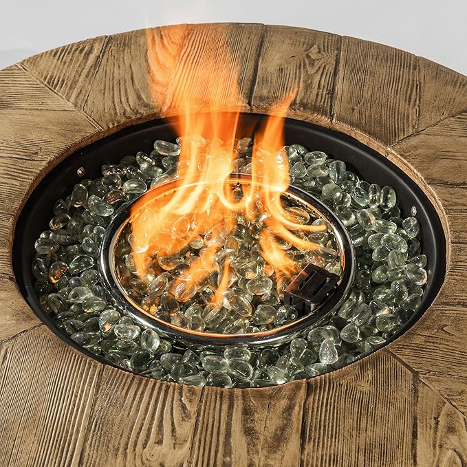 30" Round Propane Fire Pit Table, 50,000 BTU Outdoor Steel Patio Heater with Wood Grain Finish for Deck Garden & Backyard Use, Steel Lid & Lava Rock Included