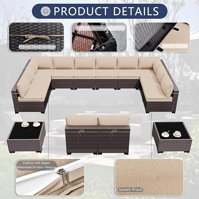 Outdoor Patio Furniture Set, 14 Pieces Outdoor Sectional Furniture Patio Sofa, All-Weather PE Rattan Patio Conversation Set with Tempered Glass Top Table & Cushions(Brown).
