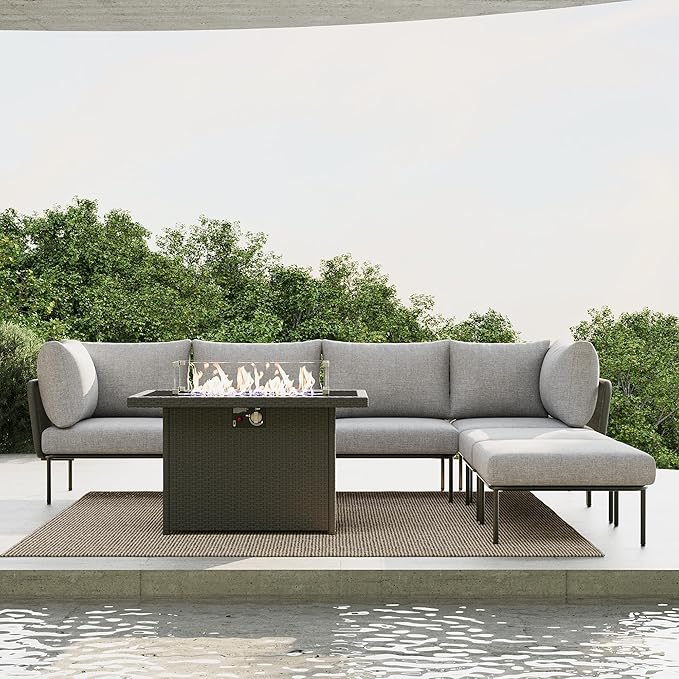 7 Piece Modern Outdoor Rope Wicker Sectional Patio L-Shaped Conversation Sofa Set Deep Seating with Fire Pit Table