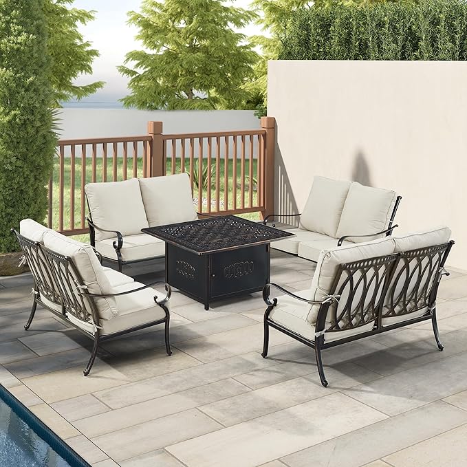Oakland Living Black Aluminum Patio Fire Table Set with Four Deep Seating Loveseat, Cushions and Wind Blocker
