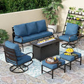 PHI VILLA Patio Furniture with 1 x 45 Metal FirePit Table, 1 x 3-Seat Wide Deep Seating Bench, 2 x Swivel Sofa Chairs & 2 Ottomans, 5.75" Thick Cushioned Outdoor Conversation Set for 5, Peacock Blue