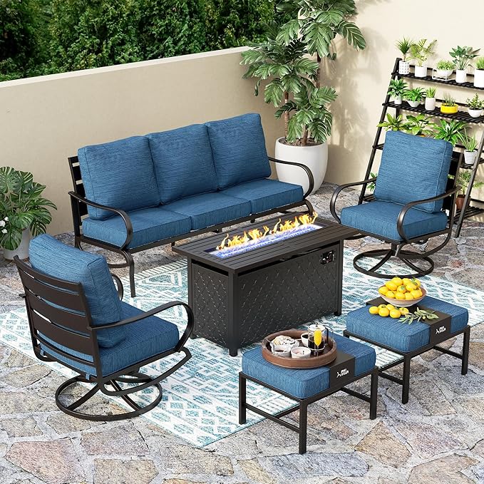 PHI VILLA Patio Furniture with 1 x 45 Metal FirePit Table, 1 x 3-Seat Wide Deep Seating Bench, 2 x Swivel Sofa Chairs & 2 Ottomans, 5.75" Thick Cushioned Outdoor Conversation Set for 5, Peacock Blue