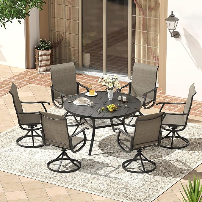 VICLLAX Round Patio Dining Table, 4-6 Person Metal Outdoor Dining Table with Umbrella Hole and Storage Shelf for Garden Lawn Deck, 47.2" Black