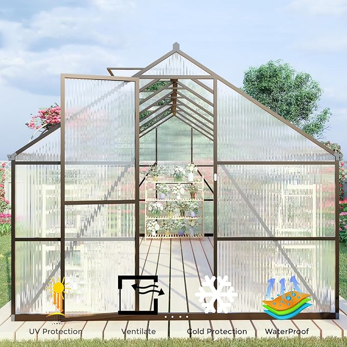CQZY 8x12 FT Greenhouse for Outdoors, Polycarbonate Greenhouse with Quick Setup Structure and Roof Vent, Aluminum Large Walk-in Green House for Outside Garden Backyard, Dark Gray