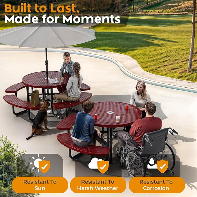 Metal Picnic Tables for Outdoors with Umbrella Hole - Coated Steel Heavy Duty Commercial Grade Furniture Set with Adjustable Seats (Red, 46 in, Round, Punched Steel)