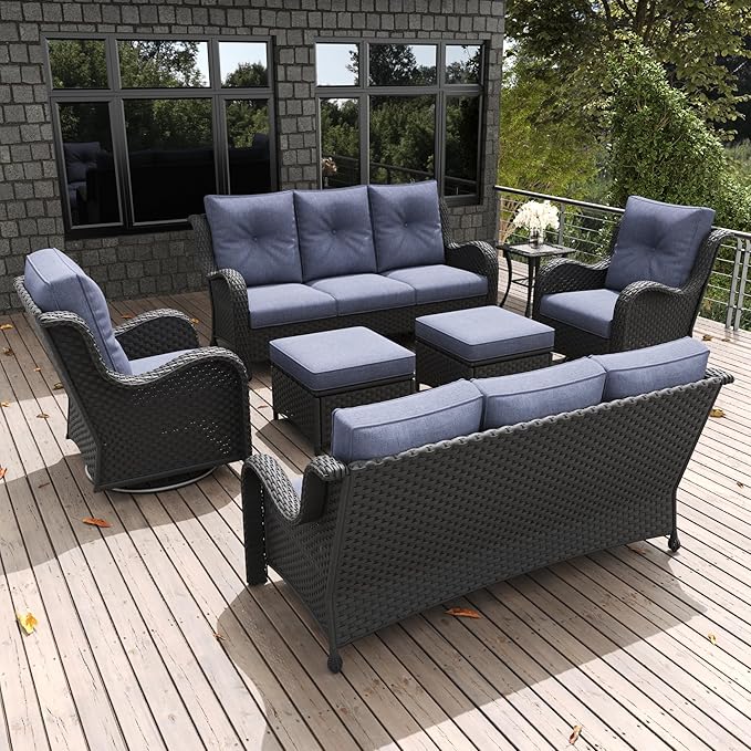 LayinSun 7 Pieces Outdoor Patio Furniture Set, Rattan Wicker Sectional Swivel Rocker Chairs Sets with Ottomans, Swivel Glider Chairs and Coffee Table