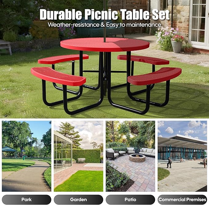 8-Person Outdoor Picnic Tables,46" Heavy-Duty Metal Round Picnic Table,Expanded Metal Commercial-Grade Table with 4 Benches & Umbrella Hole,Waterproof Coating Beach Table for Patio,Garden, Backyard