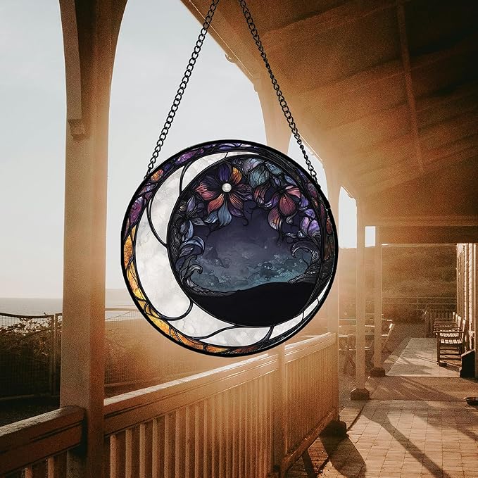 JOSUMALY Stained Glass Window Hanging - Black and White Moon Sun Catcher for Door Terrace Garden Home Decor, Abstract Plant Flower Suncatcher Birthday Gifts for Lovers Women Men Dad Mom Nana 9.8 in