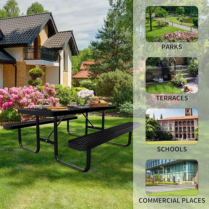 6FT Steel Metal Picnic Table with Benches, Rectangular Lifetime Picnic Table, Outdoor Furniture Heavy Duty Sturdy Commercial Picnic Tables for Patio Garden Courtyard BBQ Shopping Centers