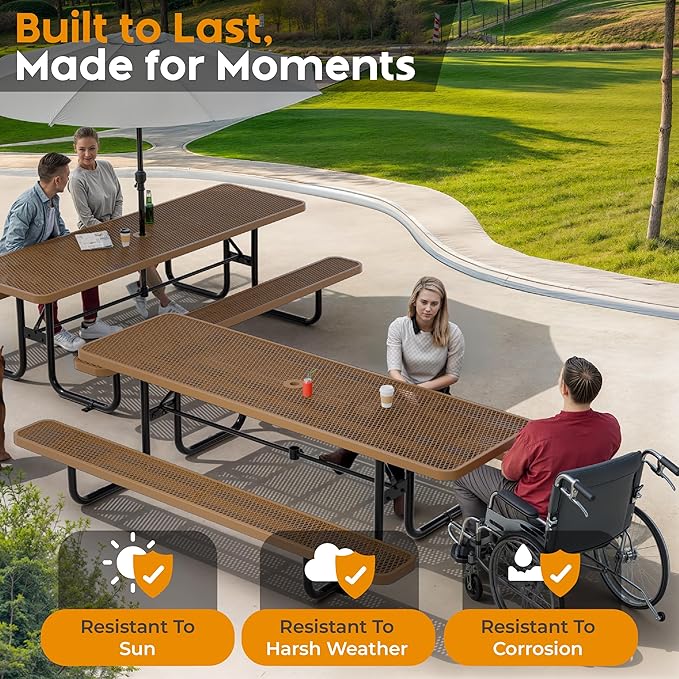 Commercial Heavy-Duty Metal Picnic Table - ADA Compliant, Adjustable Seats, Umbrella Hole, Expanded Metal (Brown, 8' Rectangular)
