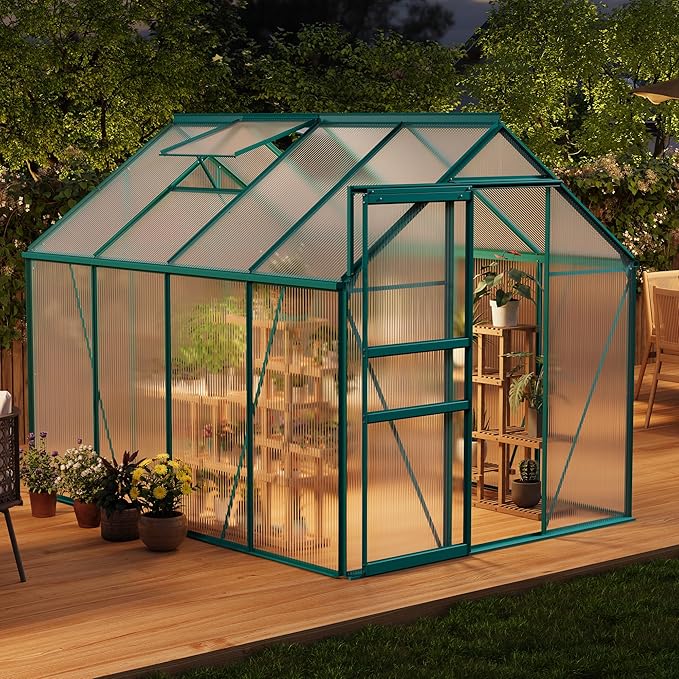 GarveeHome 6 x 8 FT Polycarbonate Greenhouse, Winter Greenhouses for Outdoors with Aluminum Frame, Sliding Door, Adjustable Roof Vent, Backyard Green Houses, Patio Garden, Green