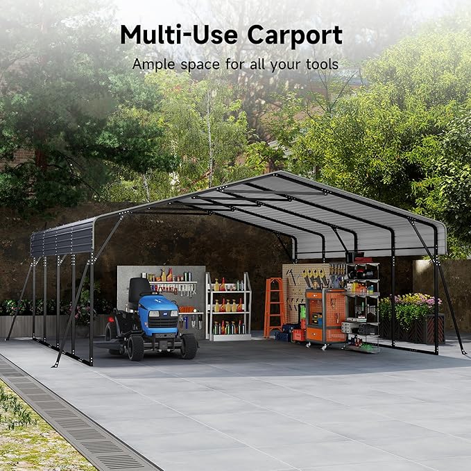 20x20FT Heavy Duty Metal Carport with Galvanized Steel Roof and Frame, Multi-Use Large Outdoor Garage Shelter with 4 Reinforced Supports for 2 Car,SUV,Truck Storage,Gray