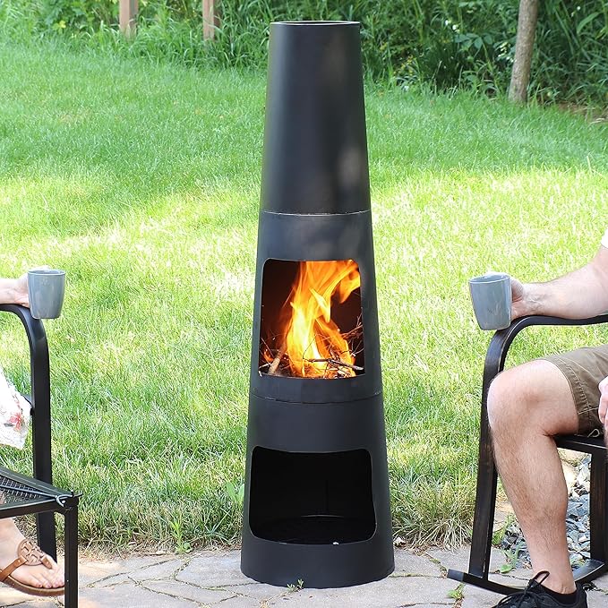 Sunnydaze Chiminea Outdoor Fireplace - Chiminea Fire Pit with Poker and Cover - Outdoor Wood-Burning Fire Pit - Black
