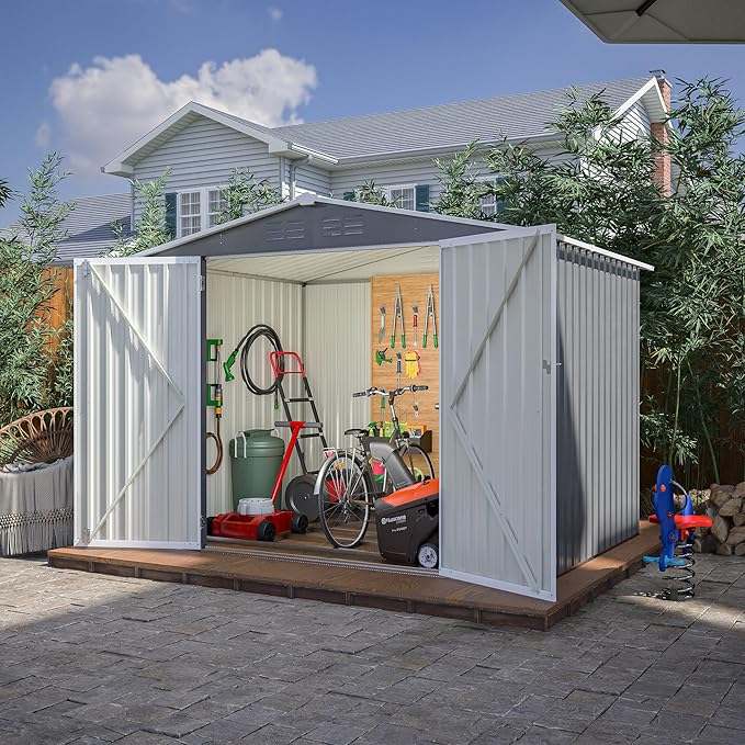 8 x 6 FT Outdoor Storage Shed with Floor Frame,Utility Metal Tool Storage with Lockable Doors,Air Vents & Waterproof Roof, Large Garden Shed for Backyard, Patio Lawn,Gray