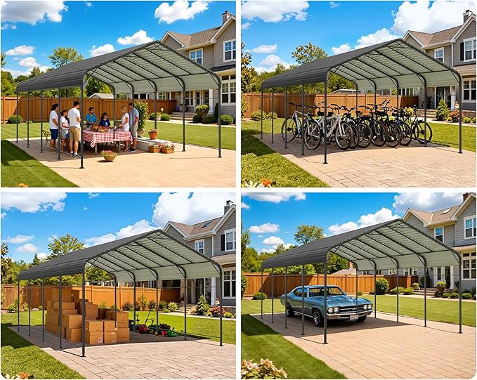 Greesum 12x20FT Metal Carport with Heavy Duty Frame and Galvanized Steel Roof, Round Carports with Side Support Rods, Canopy Shelter for Car, Pickup Trucks, Boats and Tractors, Party, Gray