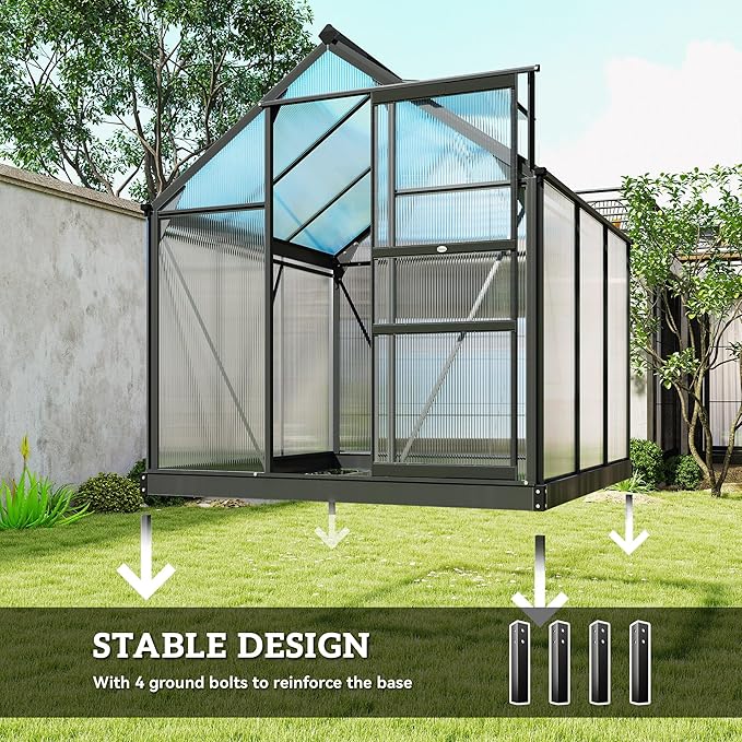 Outsunny 6' x 6' Greenhouse for Outdoors, Polycarbonate Greenhouse with Rain Gutter and Roof Vent, Aluminum Walk-in Green Houses for Outside for Patio Backyard Garden, Gray