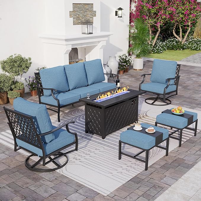 SUNSHINE VALLEY 6 Piece Metal Outdoor Patio Furniture Set with Firepit Table, Patio Conversation Set 1 3-seater Sofa, 2 Swivel Chair, 2 Ottoman with 5.75" Thick Cushion, Black Backyard Furniture, Navy