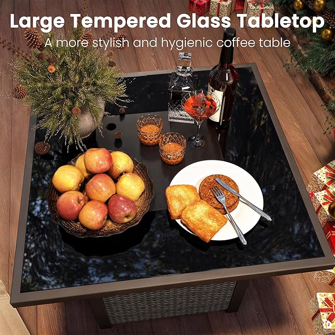 Propane Fire Pit Table, Outdoor Fire Pit Table, 28" Rattan Square Outdoor Gas Fire Pit with Glass Wind Guard, Tempered Glass Tabletop, Lid, CSA Listed, 50,000 BTU for Outside Patio Deck & Garden,Black