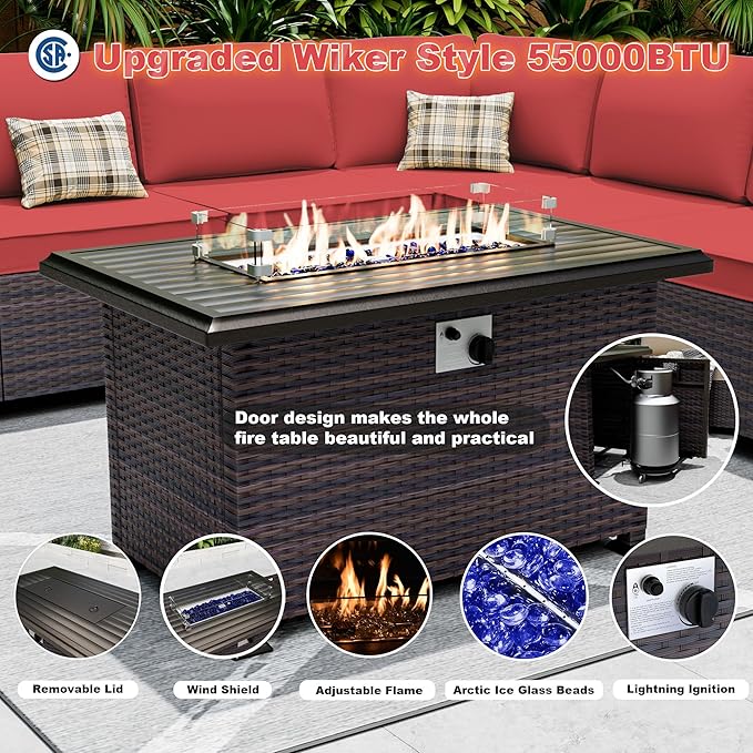 Outdoor Patio Furniture Set with Gas Fire Pit Table, 7 Pieces Patio Furniture Set Outdoor Sectional Sofa w/43in Propane Fire Pit, PE Wicker Rattan Patio Conversation Sets