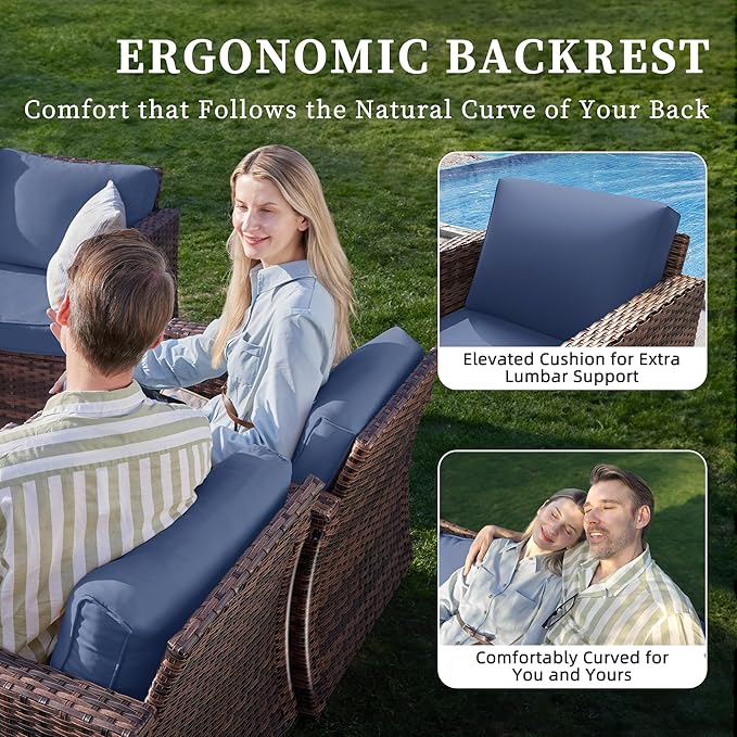 UDPATIO Patio Furniture Set with Fire Pit Table, Rocking Swivel Chairs, 5 Pieces Outdoor Furniture Sets, All-Weather Wicker Outdoor Sectional Sofa with Waterproof Cover, 4'' Thickened Cushion, Navy