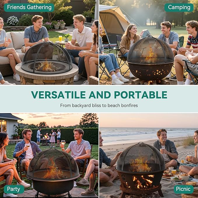 YITAHOME 36" W*19" H Fire Pit Screen with Top Ring & Poker, Iron Mesh Spark Guard with High-Temperature Coating, Portable & Modular for Backyard Fire Pits, Camping, Beach Parties, and Barbecues